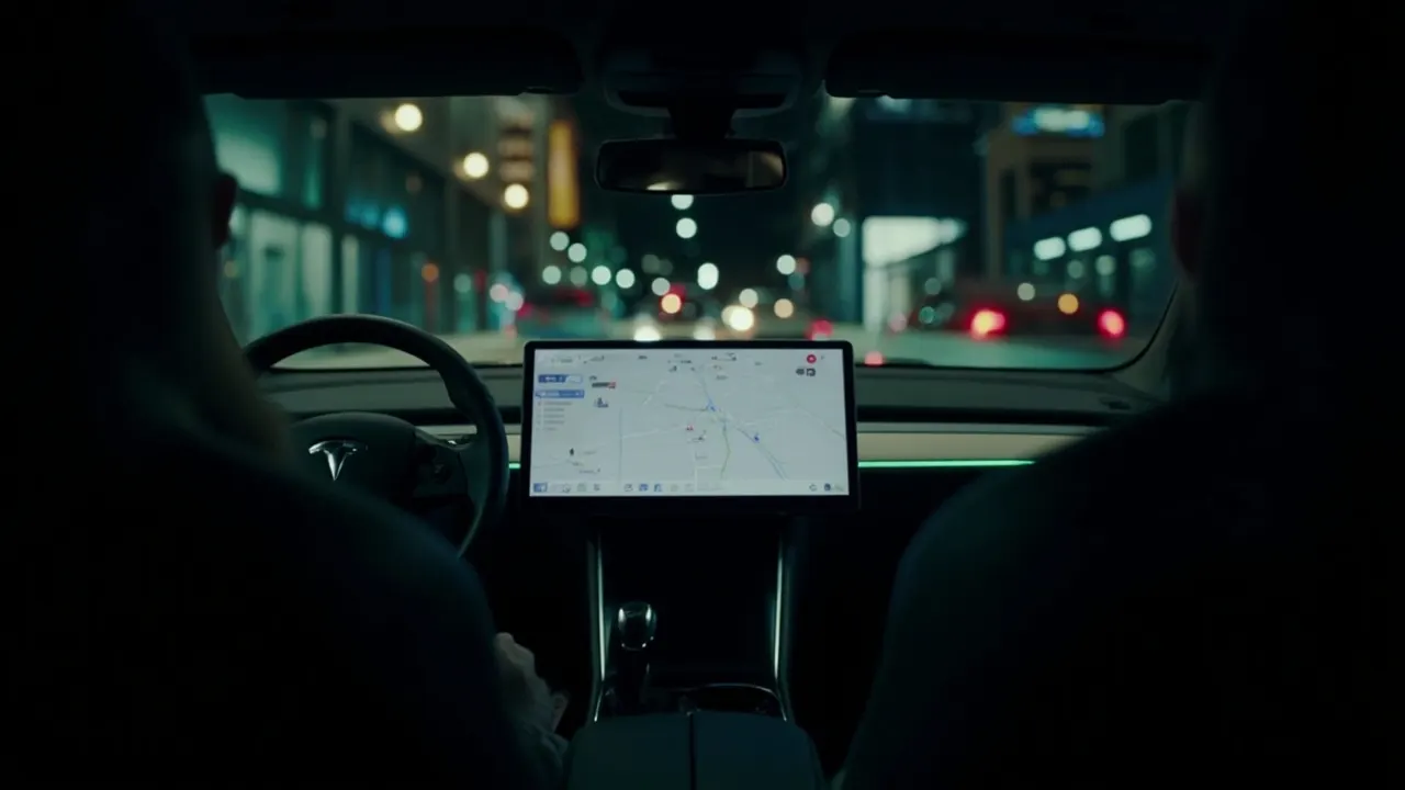 Tesla center touchscreen with a tempered glass protector and ambient interior lighting at night