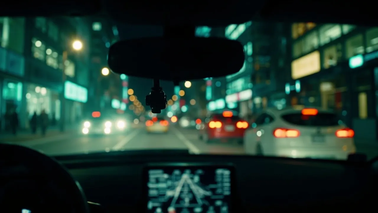 A dash cam mounted behind the windshield of an electric vehicle at night with the display glowing