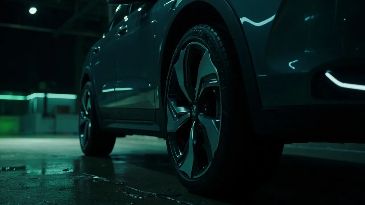 Close-up of a performance tire sidewall and alloy wheel on an electric car in a dim garage