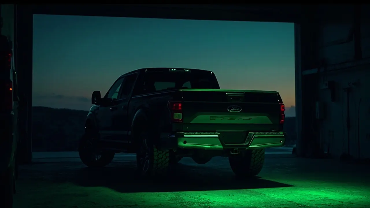 A Ford F-150 Lightning's tailgate and bed glowing with green accent light in a dark garage at dusk