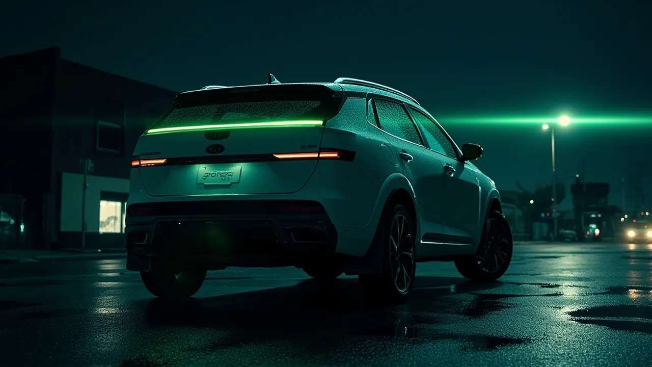 A Kia EV6 parked outdoors at dusk with mud flaps and a rear trunk spoiler visible on its exterior