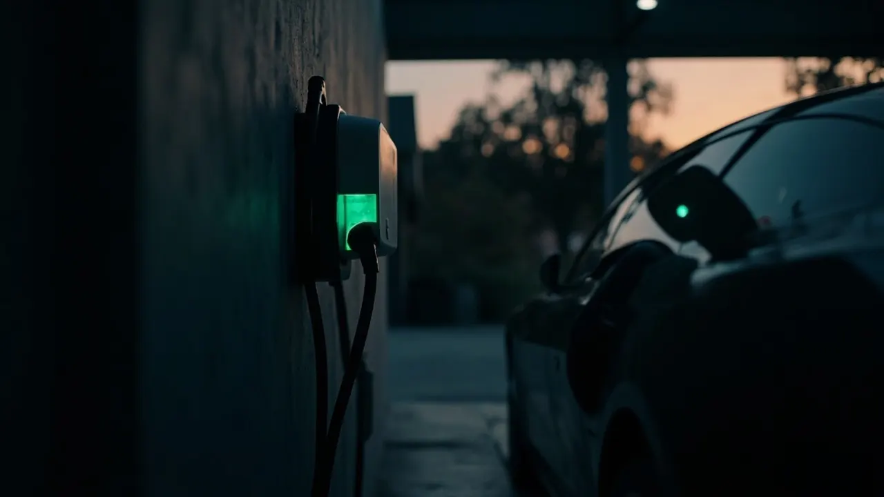 A Level 2 EV charger mounted in a home garage next to a plugged-in electric vehicle