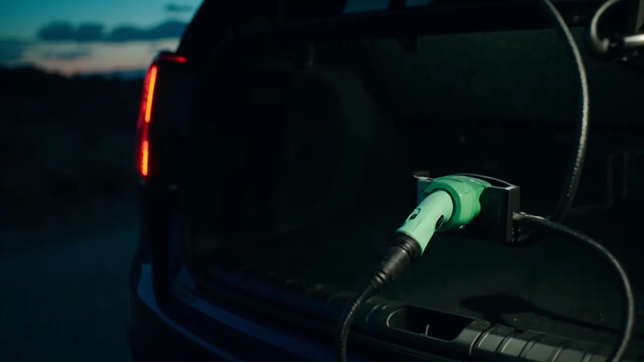 A portable EV charger coiled next to a connector adapter in the trunk of an electric vehicle