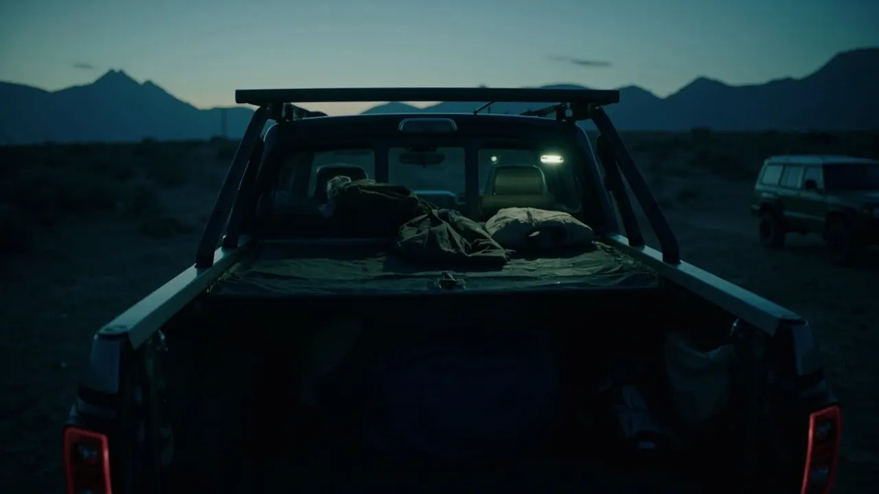 A Rivian R1T truck bed loaded with cargo gear at a trailhead, crossbars mounted overhead