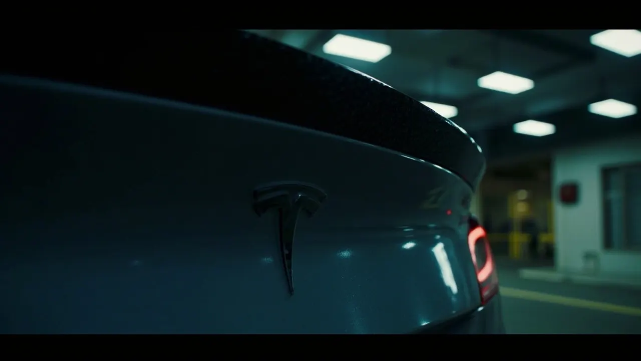 A Tesla Model 3 Highland's rear end fitted with a carbon fiber trunk spoiler