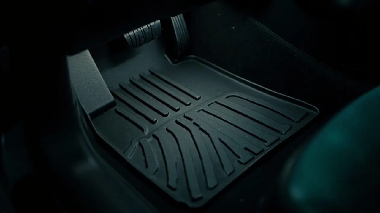 Custom-fit black floor liners installed in the footwell of a Tesla Model Y