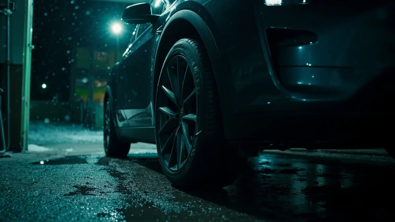 Close-up of a dark crossover's front wheel and tire on wet asphalt at night, with snow falling outside an open garage