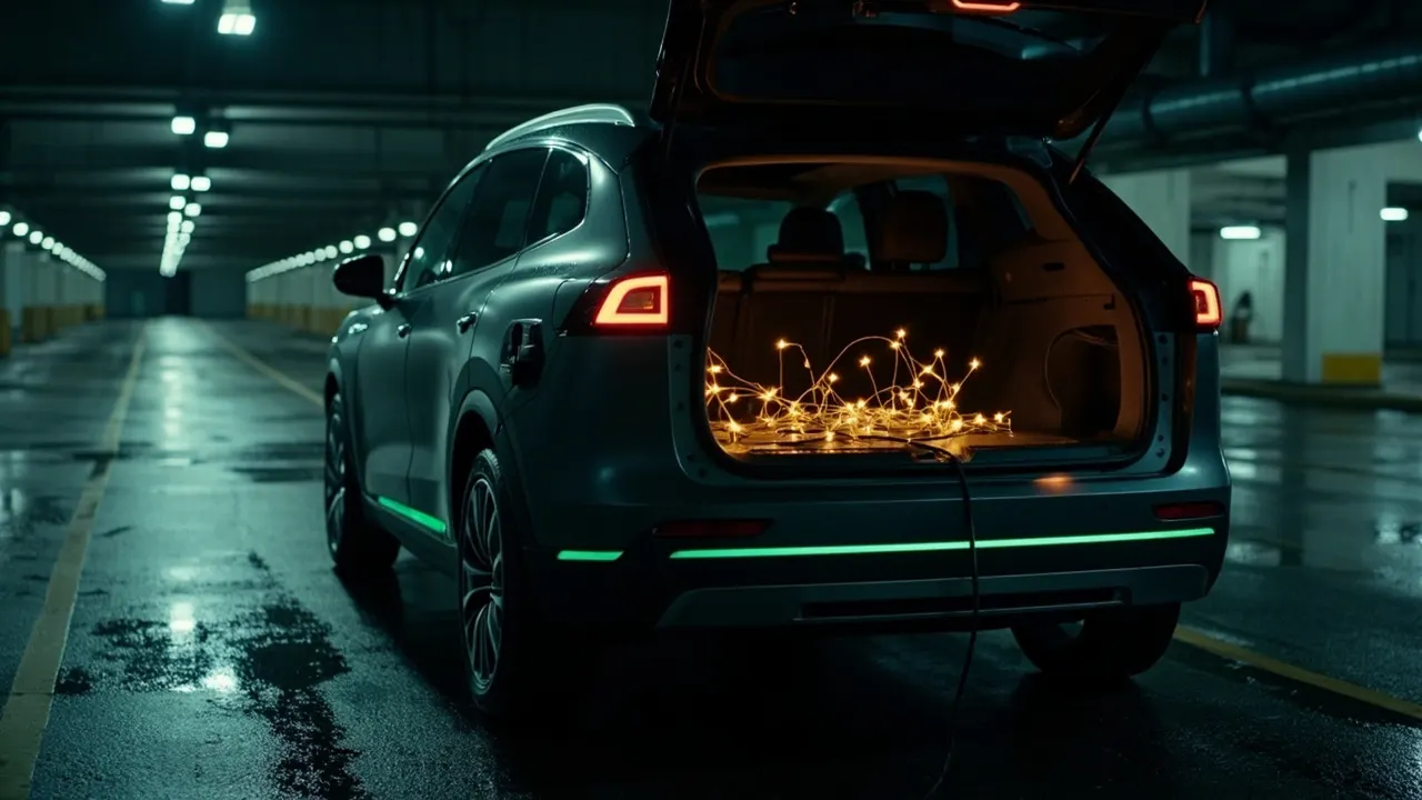 A dark charcoal EV parked in a car park at night with its boot open, warm string lights lit inside and a power cable running down to the ground