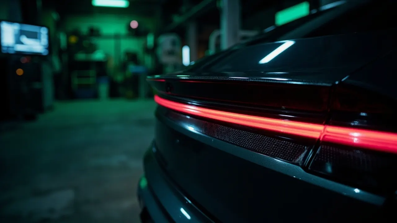 Carbon fiber trunk lip spoiler on the rear deck of a dark electric sedan in a night garage