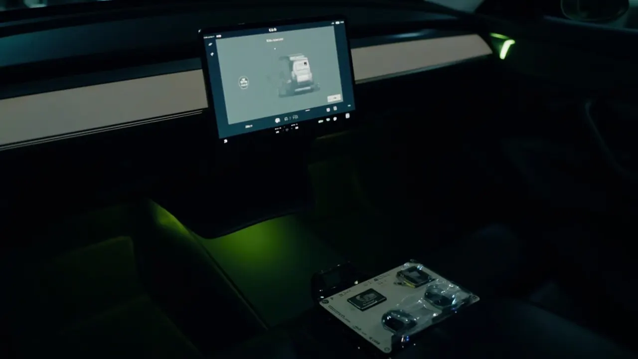 A new Tesla Model Y Juniper interior with a screen protector and console organizer laid out on the seat