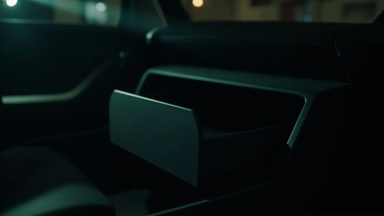 Close detail of an open storage shelf in a dark electric car interior, lit by pale green light from outside