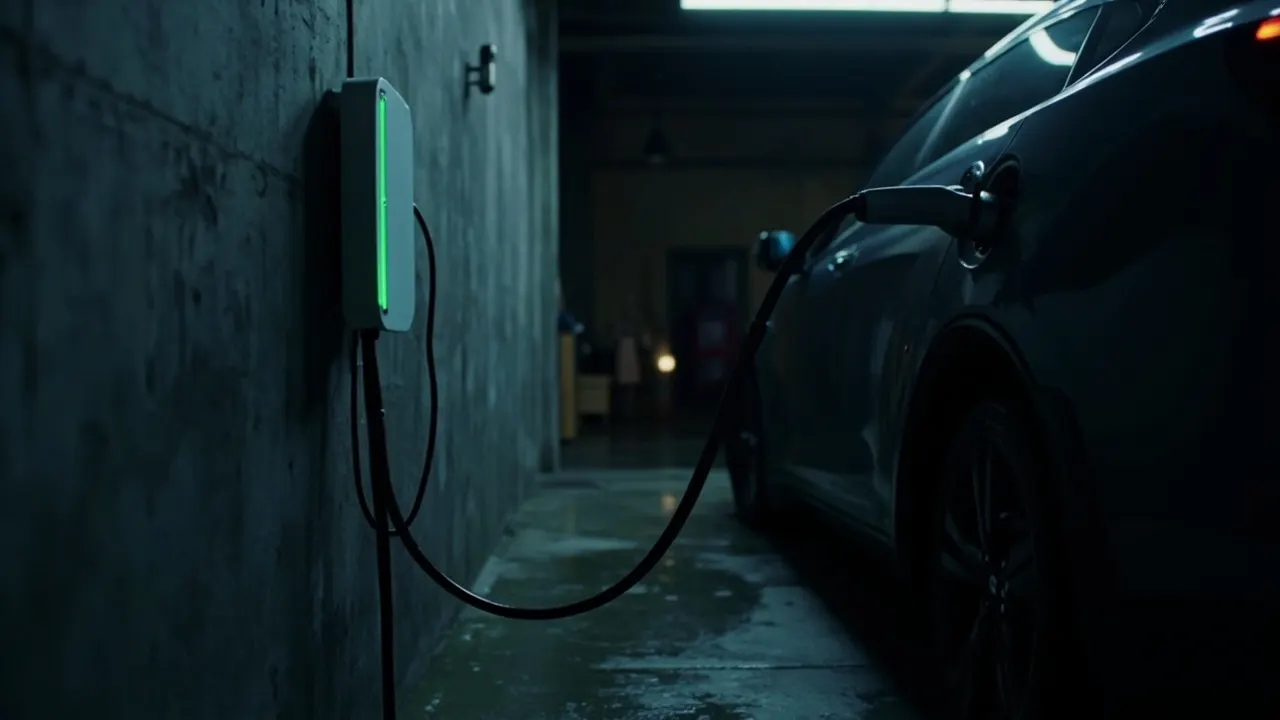 A white wall-mounted EV charger with a green light strip in a dim garage, its cable running to a dark electric car